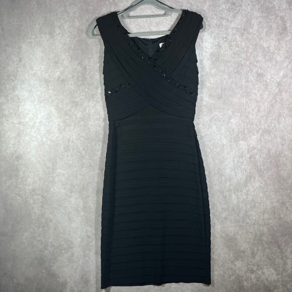 Cache Sheath Dress Womens 6 Black‎ Embellished Cross Front Sleeveless Midi Party - Picture 1 of 9
